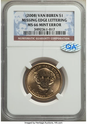 image for: (2008) $1 Van Buren, Missing Edge Lettering MS66 NGC. NGC Census: (0/0). PCGS Population: (83/166). ...