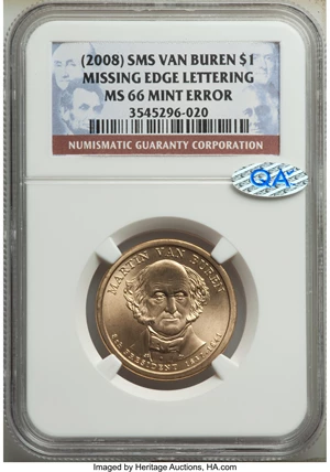 image for: (2008) $1 Van Buren, Missing Edge Lettering MS66 NGC. NGC Census: (0/0). PCGS Population: (58/83)....