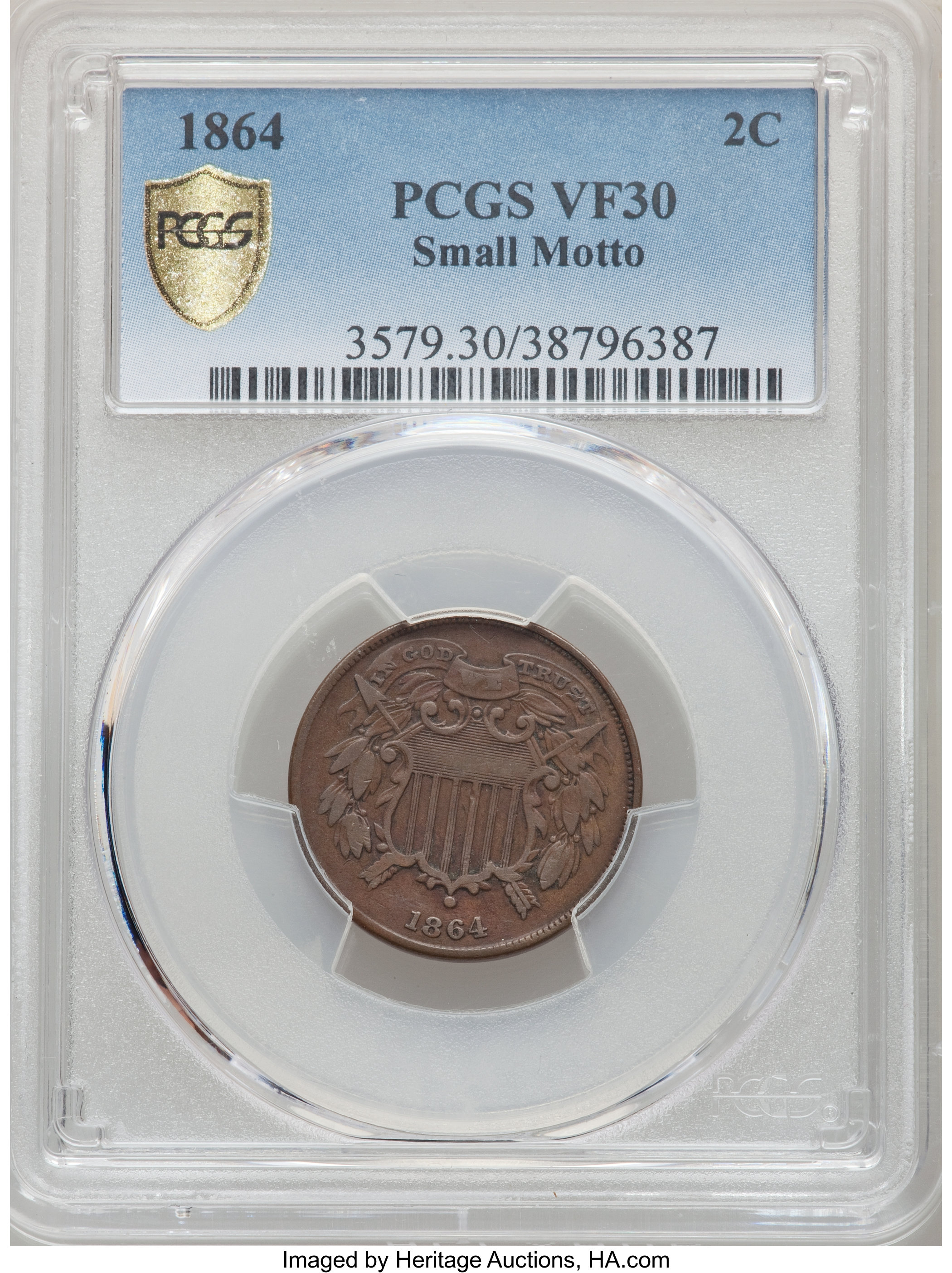 1864 2C Small Motto VF30 PCGS. PCGS Population: (39/472 and 0/3+). NGC Census: (16/336 and 0/2+). CDN: $460 Whsle. Bid for ...
