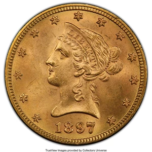 image for: 1897 $10 MS64+ PCGS. PCGS Population: (178/19). NGC Census: (176/27). CDN: $1,200 Whsle. Bid for NGC/PCGS MS64. Mintage 1,0...
