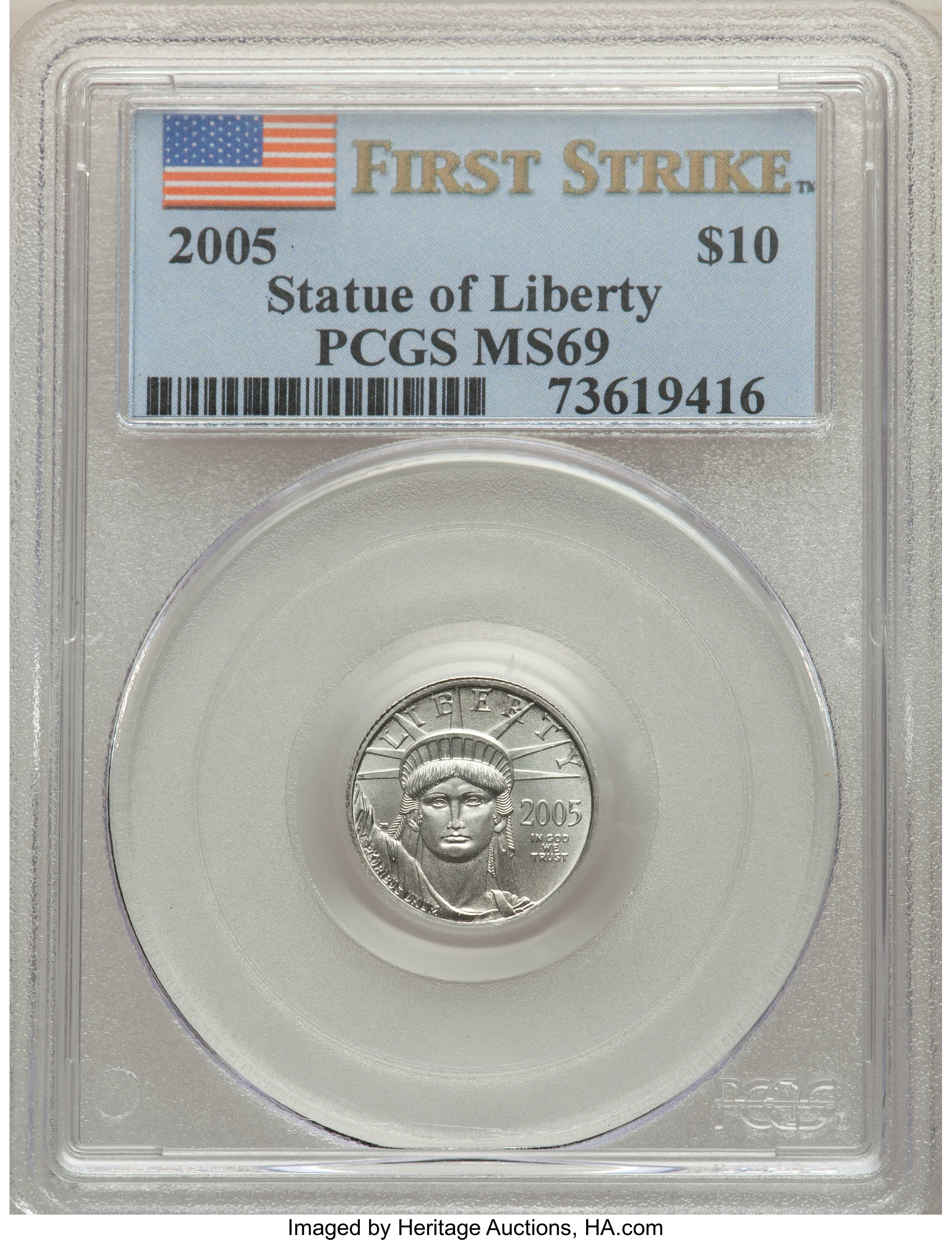 image for: 2005 $10 Tenth-Ounce Platinum Eagle, First Strike, MS69 PCGS. PCGS Population: (342/42). NGC Census: (1852/2108). CDN: $100...