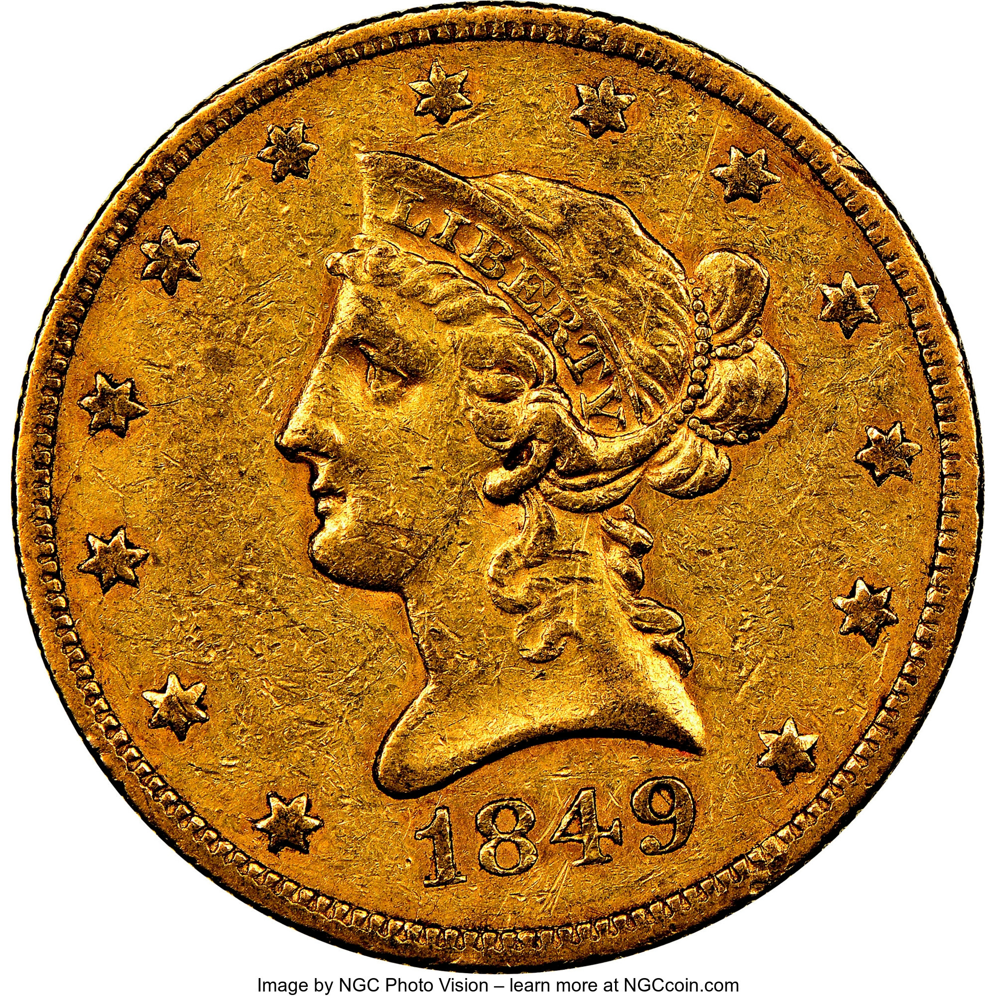 image for: 1849 $10 XF45 NGC. NGC Census: (237/760). PCGS Population: (272/362). CDN: $925 Whsle. Bid for NGC/PCGS XF45. Mintage 653,6...