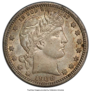 image for: 1908 25C AU58 PCGS. CAC. PCGS Population: (40/278 and 0/8+). NGC Census: (32/182 and 0/0+). CDN: $160 Whsle. Bid for NGC/PC...
