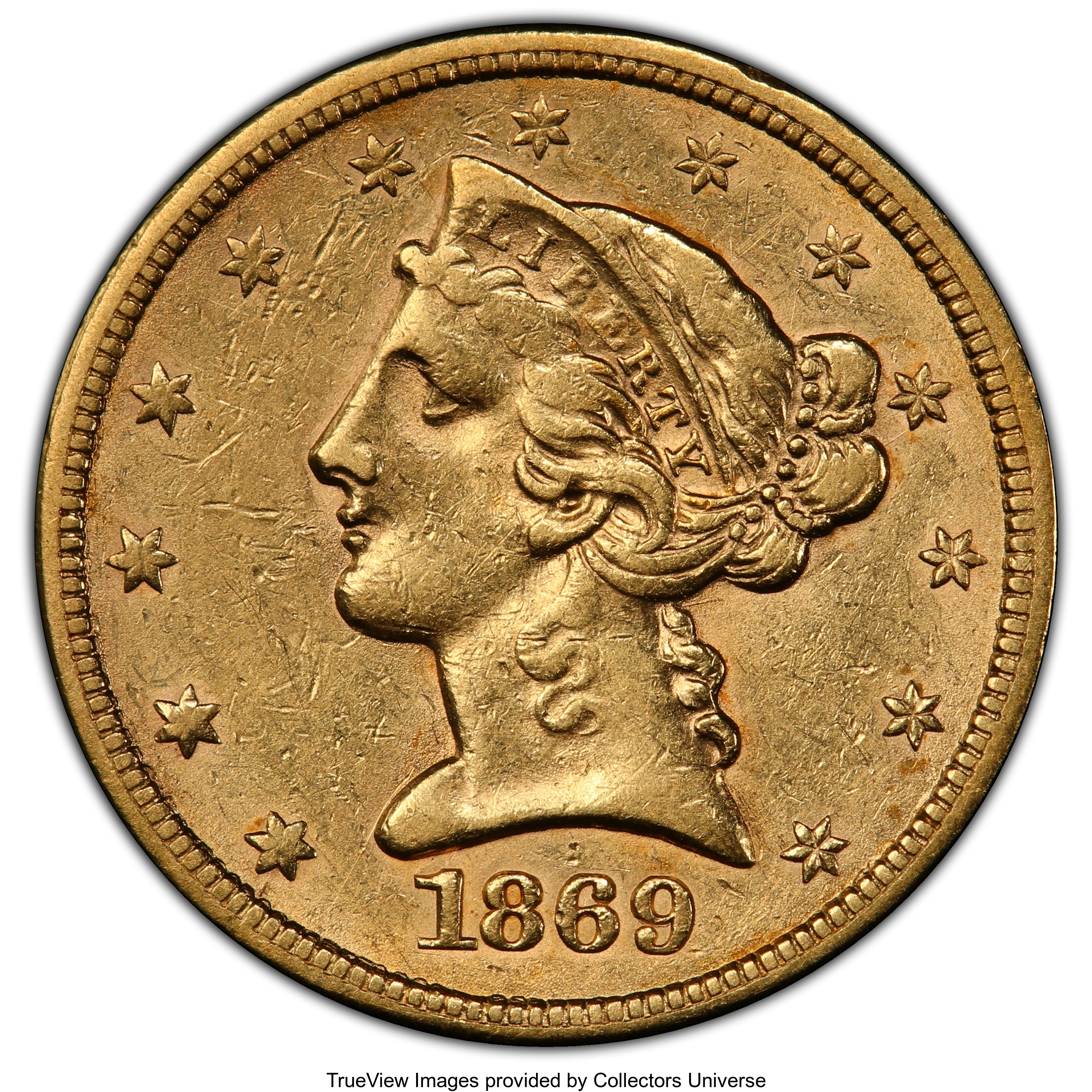 image for: 1869-S $5 AU53 PCGS. PCGS Population: (8/7 and 0/1+). NGC Census: (8/23 and 1/0+). CDN: $2,770 Whsle. Bid for NGC/PCGS AU53...