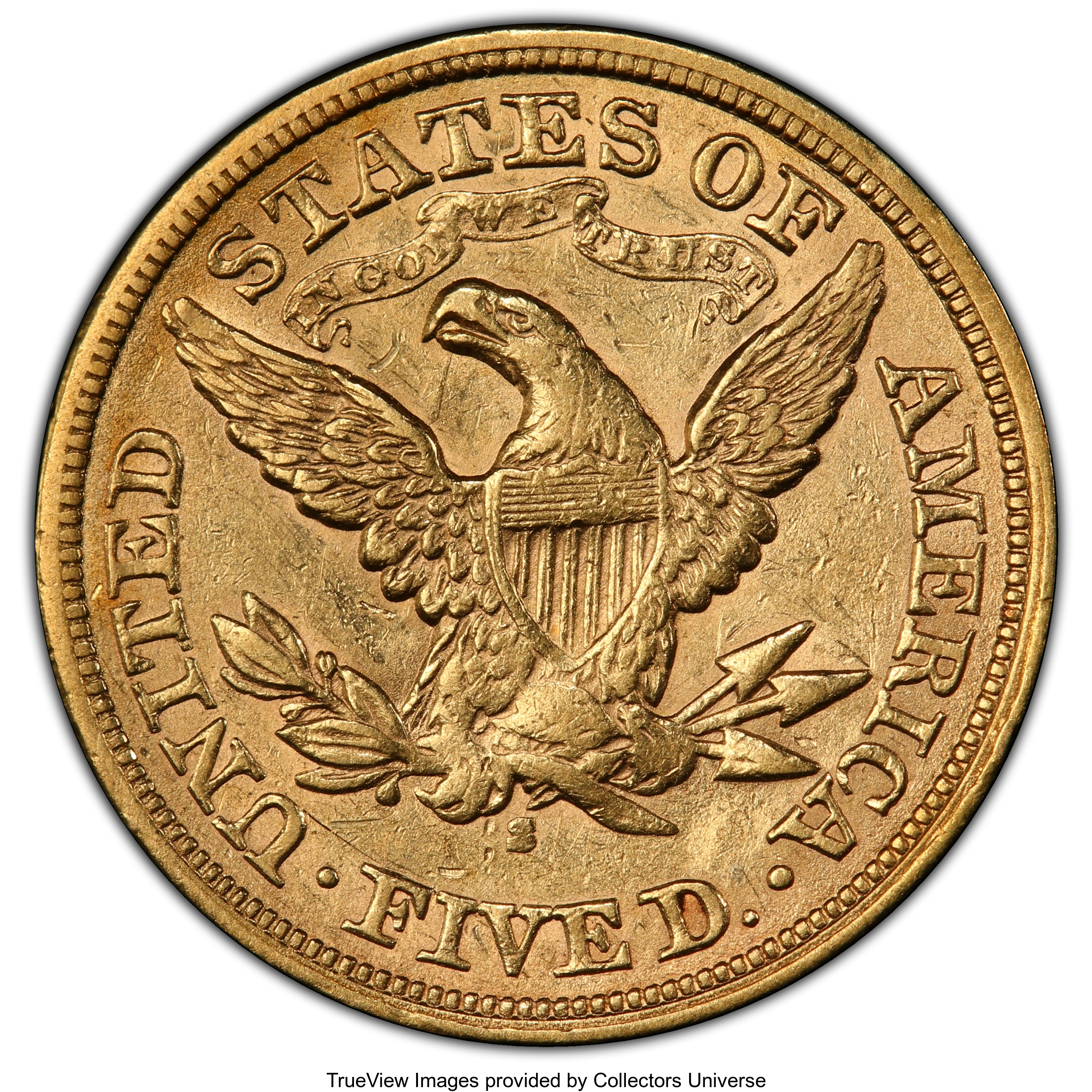 image for: 1869-S $5 AU53 PCGS. PCGS Population: (8/7 and 0/1+). NGC Census: (8/23 and 1/0+). CDN: $2,770 Whsle. Bid for NGC/PCGS AU53...