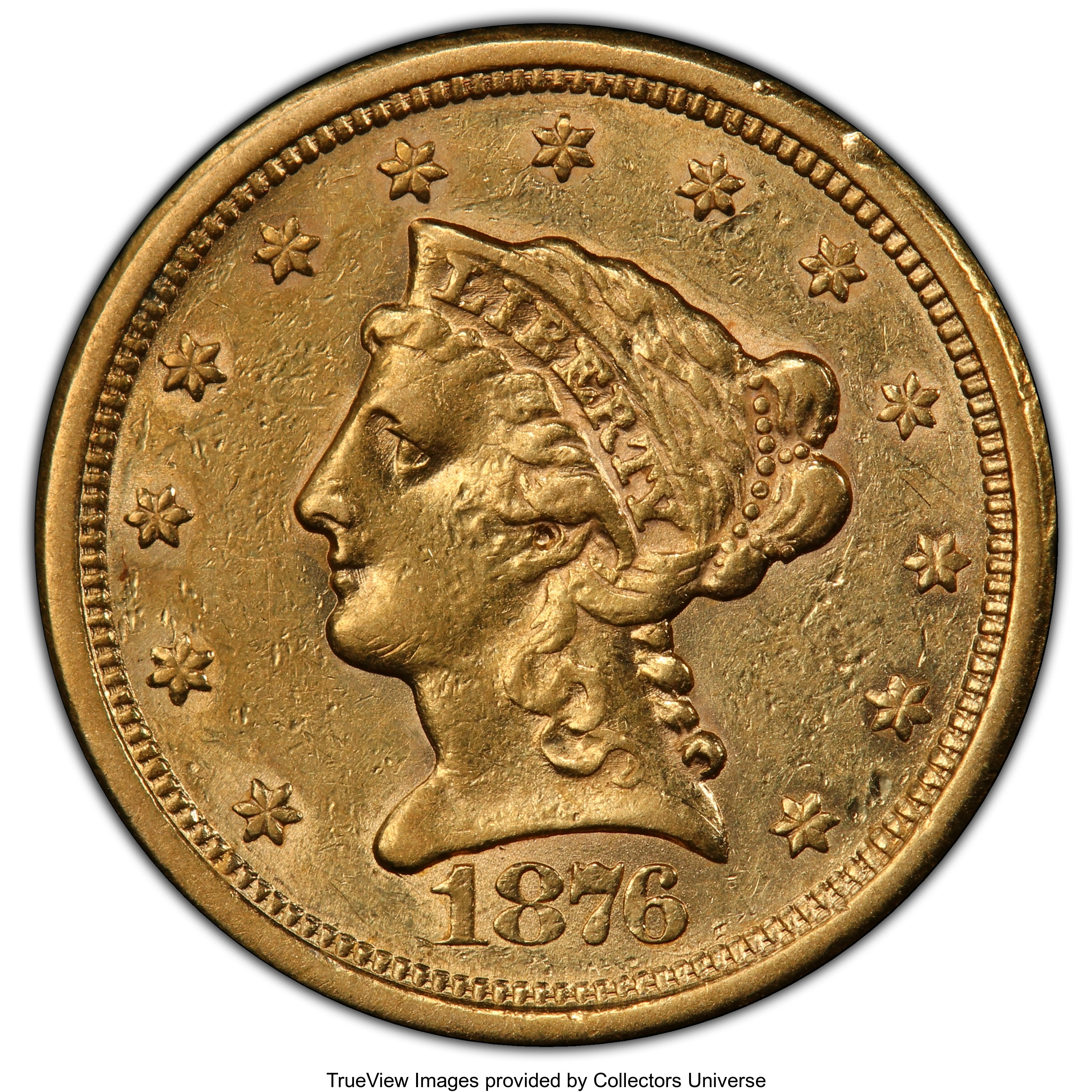 image for: 1876-S $2 1/2 AU50 PCGS. PCGS Population: (14/70 and 0/0+). NGC Census: (7/109 and 0/1+). CDN: $800 Whsle. Bid for NGC/PCGS...