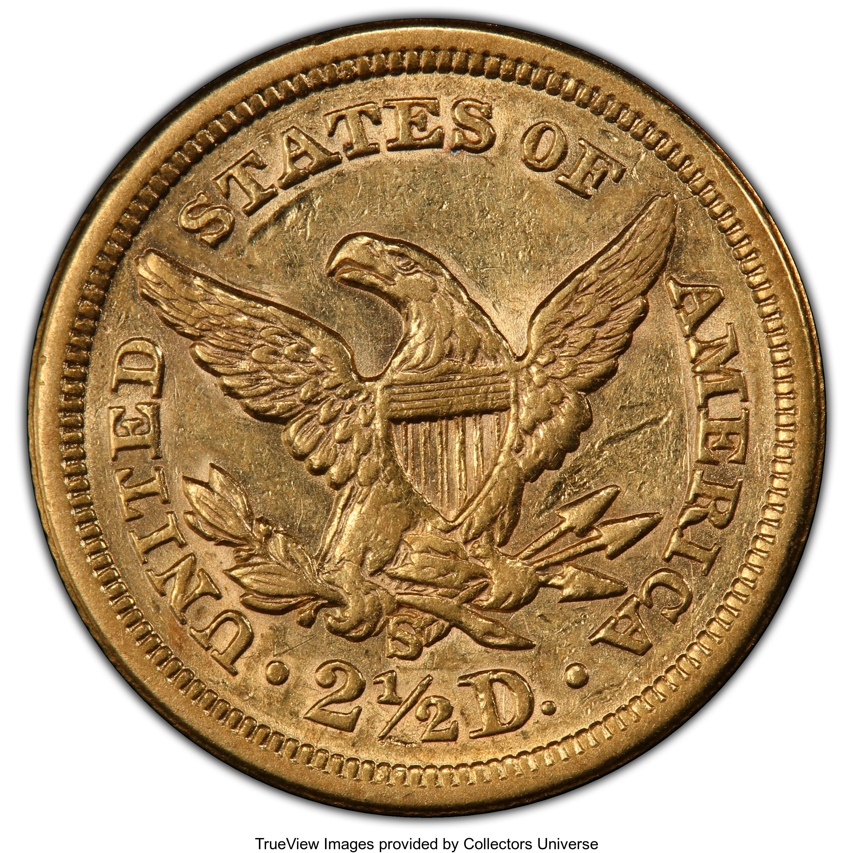 image for: 1876-S $2 1/2 AU50 PCGS. PCGS Population: (14/70 and 0/0+). NGC Census: (7/109 and 0/1+). CDN: $800 Whsle. Bid for NGC/PCGS...