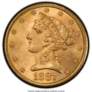 image for: 1887-S $5 MS63 PCGS. PCGS Population: (367/67). NGC Census: (445/75). CDN: $495 Whsle. Bid for NGC/PCGS MS63. Mintage 1,912...
