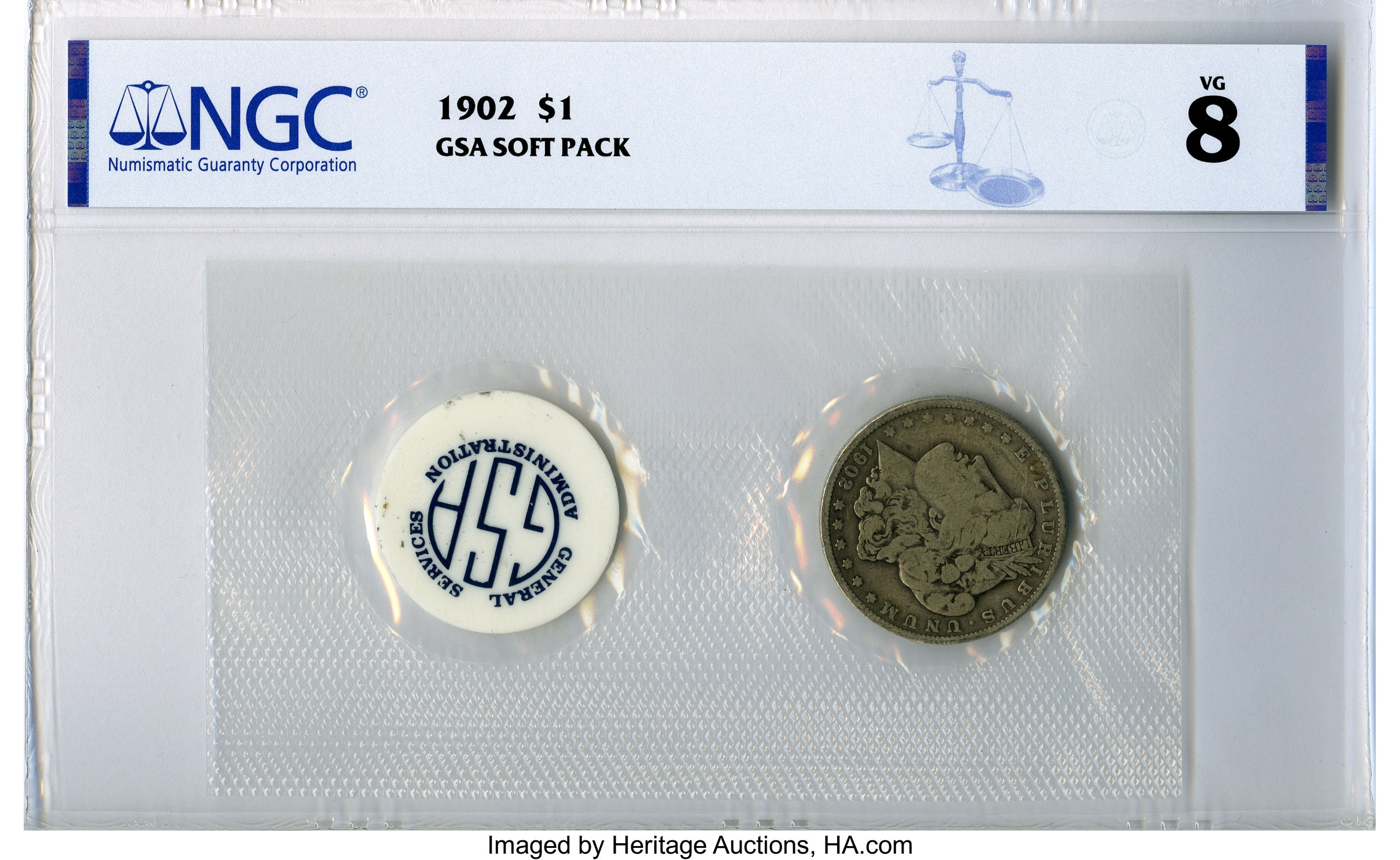 1902 $1 GSA Soft Pack VG8 NGC. NGC Census: (3/6613). PCGS Population: (4/9258). CDN: $31 Whsle. Bid for NGC/PCGS VG8 . Mint...