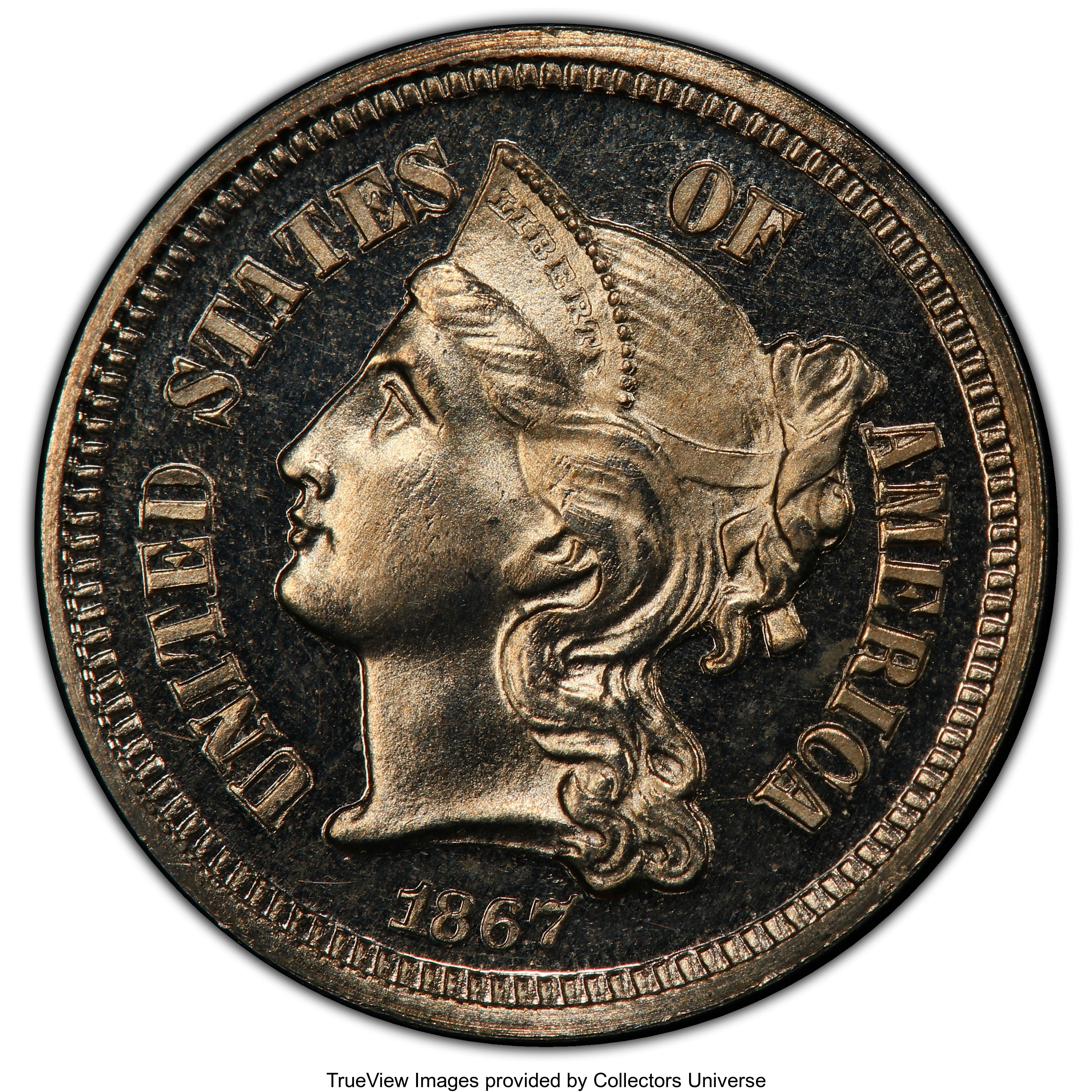 image for: 1867 3CN PR66 Cameo PCGS. CAC. PCGS Population: (39/3 and 5/1+). NGC Census: (48/5 and 3/0+). PR66. ...