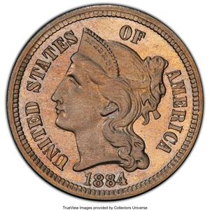image for: 1884 3CN PR66 PCGS. PCGS Population: (223/64 and 6/3+). NGC Census: (229/30 and 2/0+). CDN: $435 Whsle. Bid for NGC/PCGS PR...