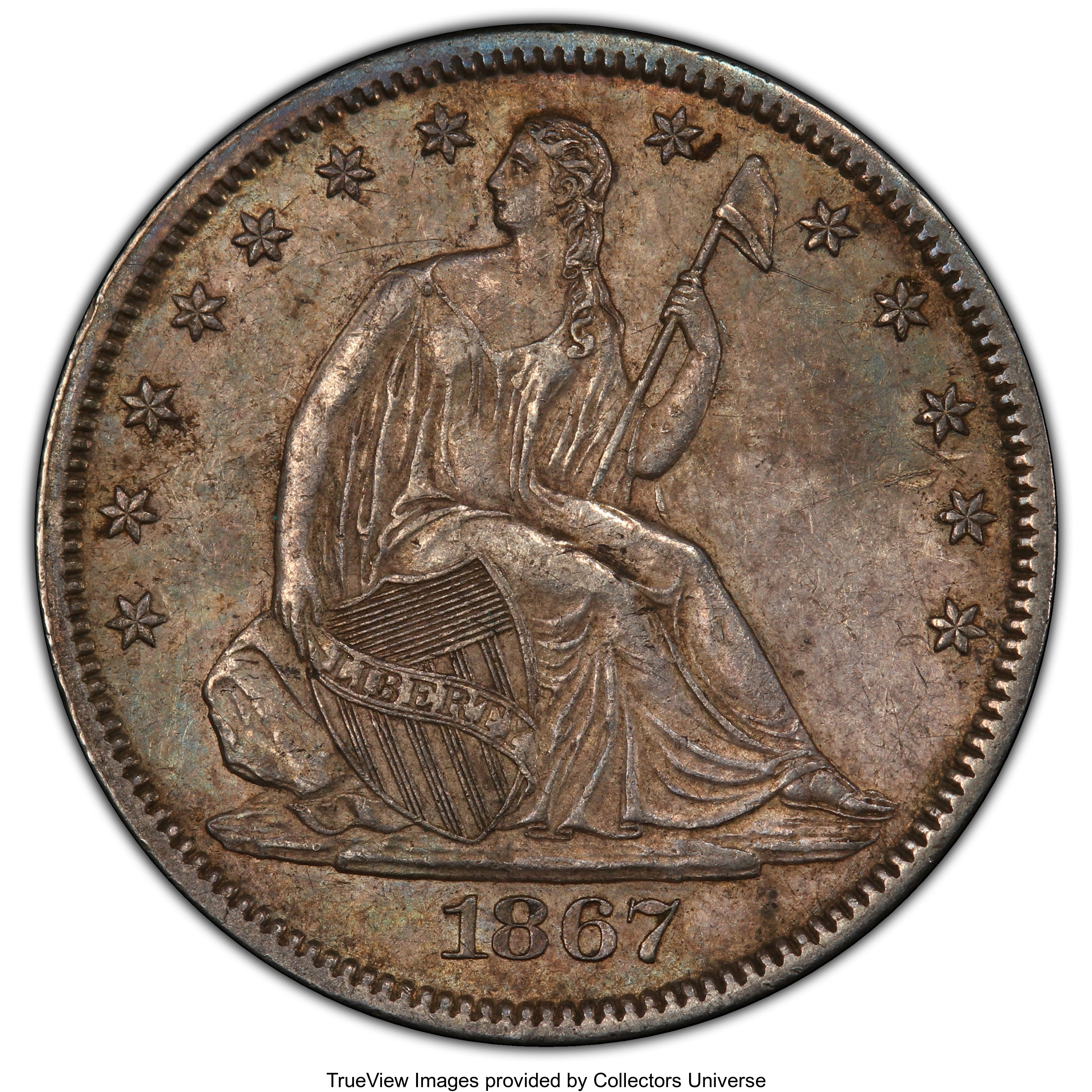 image for: 1867 50C AU53 PCGS. PCGS Population: (8/70 and 0/1+). NGC Census: (4/37 and 0/0+). CDN: $500 Whsle. Bid for NGC/PCGS AU53. ...