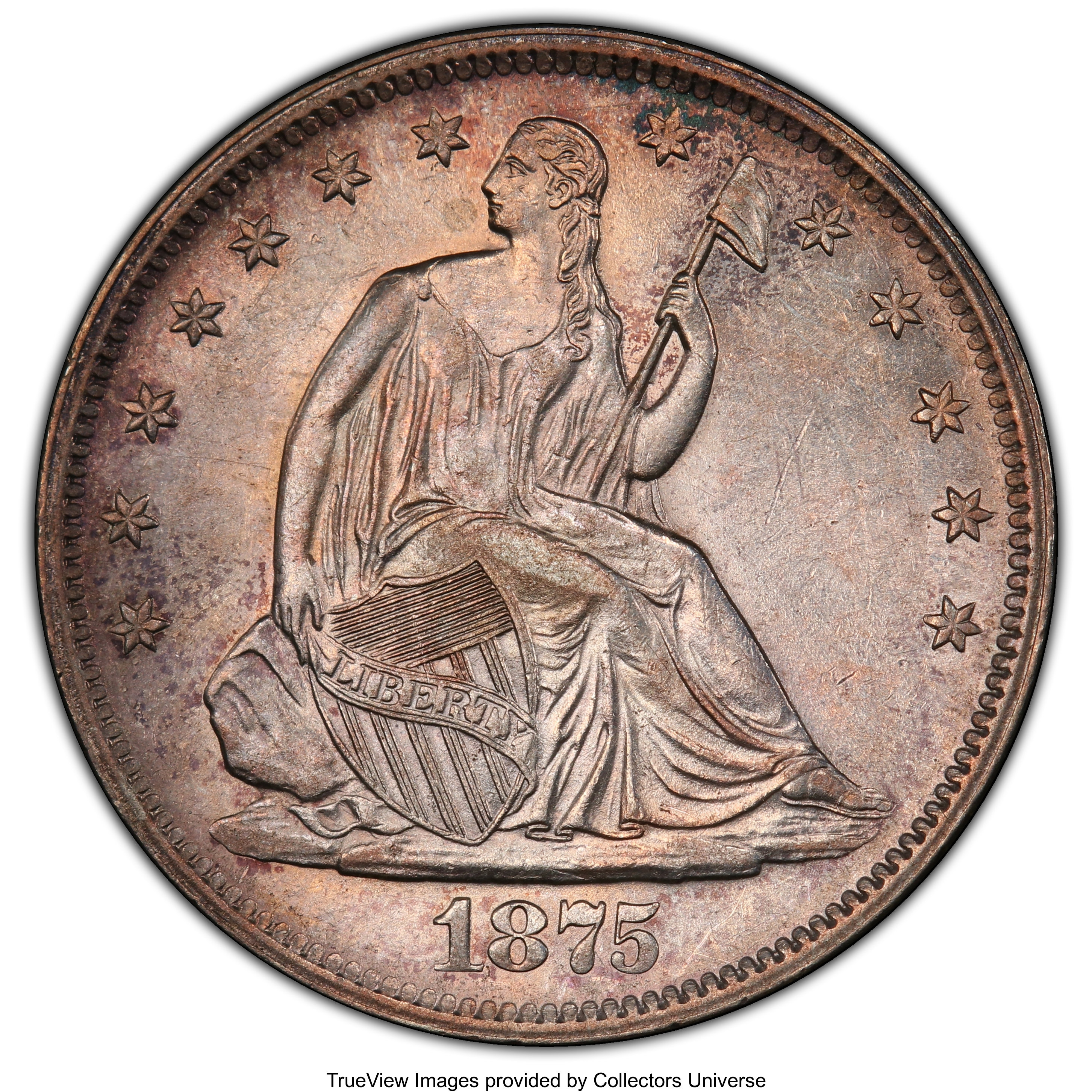 image for: 1875-S 50C AU58 PCGS. CAC. PCGS Population: (43/279 and 1/11+). NGC Census: (32/181 and 0/4+). CDN: $275 Whsle. Bid for NGC...