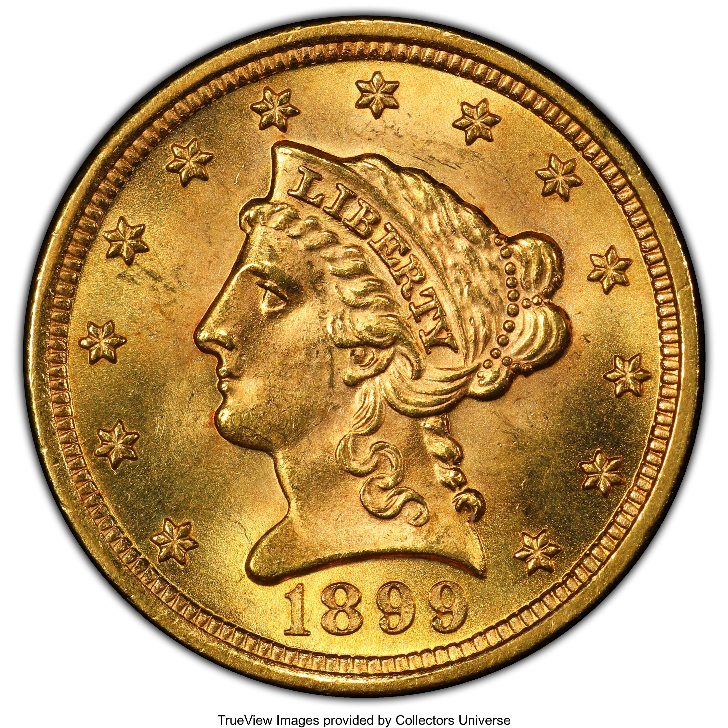 image for: 1899 $2 1/2 MS64 PCGS. PCGS Population: (172/128). NGC Census: (158/118). CDN: $600 Whsle. Bid for NGC/PCGS MS64. Mintage 2...