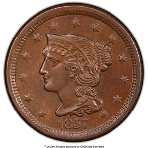 image for: 1857 1C Small Date MS64 Brown PCGS. CAC. PCGS Population: (34/7 and 3/0+). NGC Census: (0/0 and 0/0+). CDN: $950 Whsle. Bid...