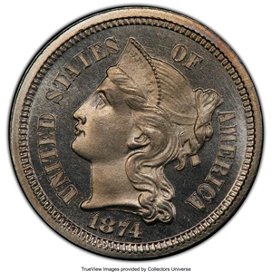 image for: 1874 3CN PR66 Cameo PCGS. CAC. PCGS Population: (35/3 and 2/0+). NGC Census: (29/5 and 1/1+). PR66. ...