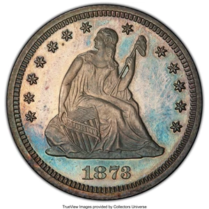 image for: 1873 25C No Arrows PR63 Cameo PCGS. PCGS Population: (6/24 and 0/7+). NGC Census: (7/13 and 0/1+). PR63. Mintage 600. ...