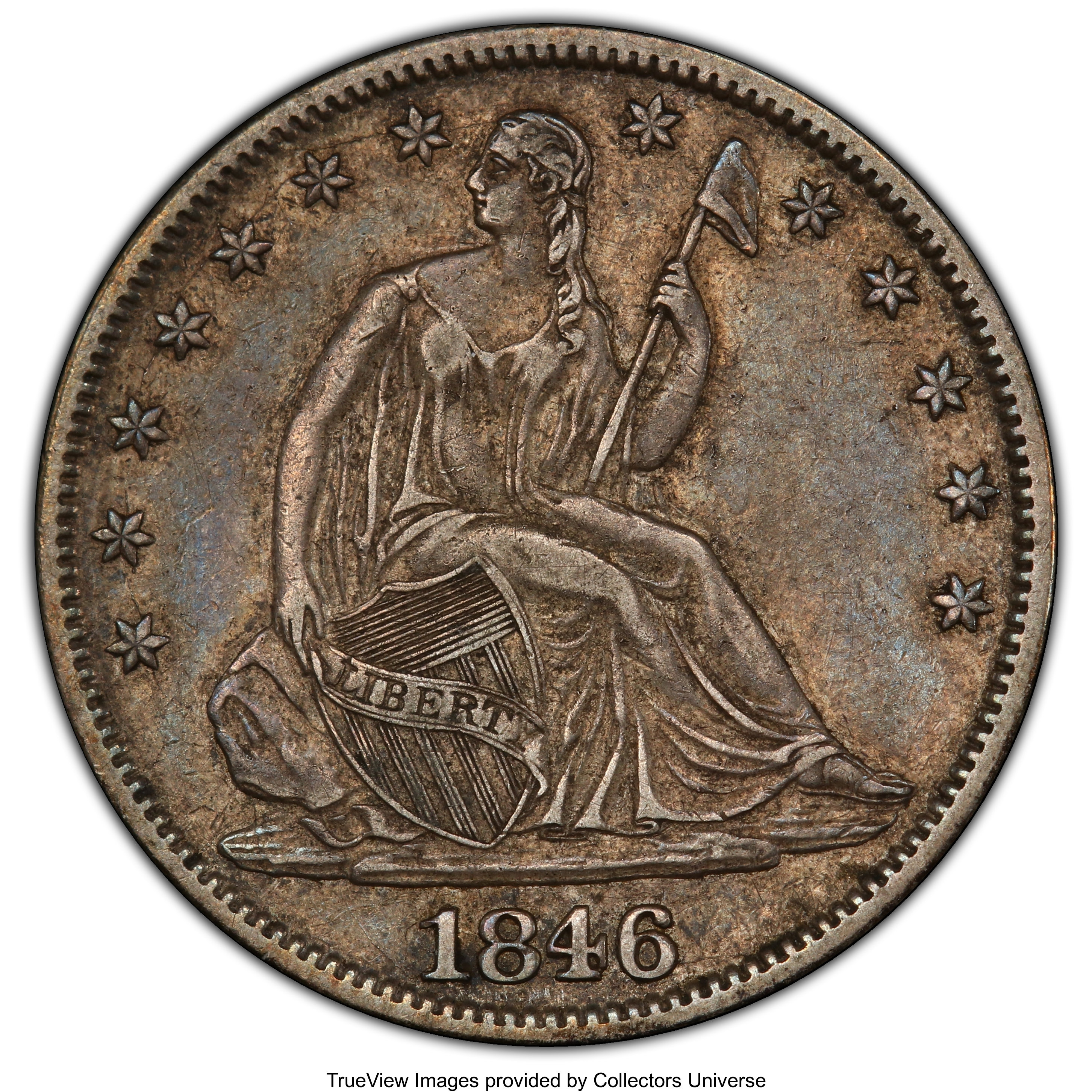 image for: 1846 50C Medium Date XF45 PCGS. CAC. PCGS Population: (44/132 and 0/0+). NGC Census: (11/111 and 0/2+). CDN: $230 Whsle. Bi...