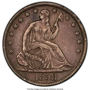 image for: 1858-S 50C XF45 PCGS. CAC. PCGS Population: (41/69 and 0/1+). NGC Census: (11/45 and 0/2+). CDN: $340 Whsle. Bid for NGC/PC...