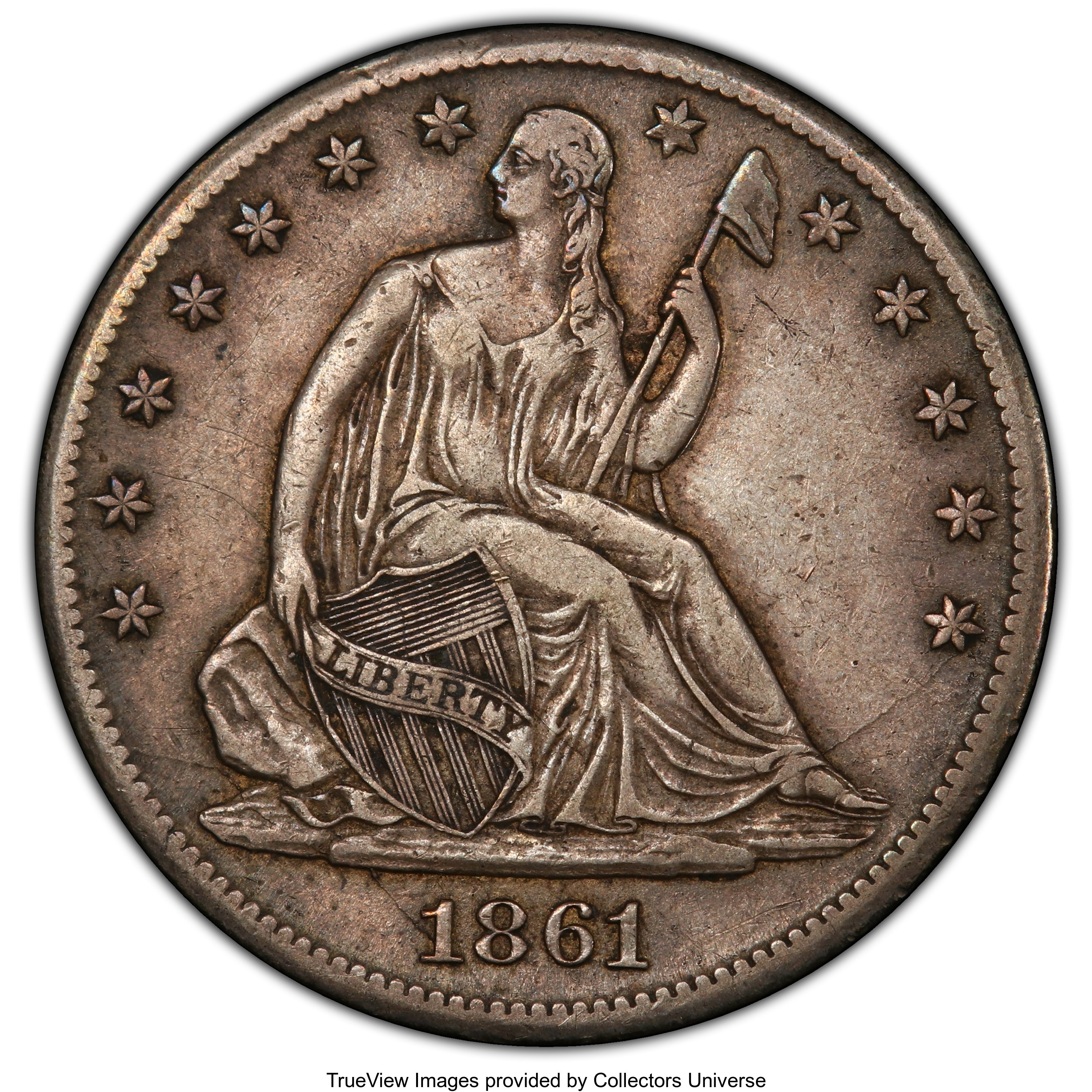 image for: 1861-S 50C XF40 PCGS. CAC. PCGS Population: (36/109 and 0/3+). NGC Census: (6/83 and 0/0+). CDN: $325 Whsle. Bid for NGC/PC...