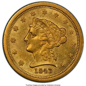 image for: 1843-O $2 1/2 Small Date, Crosslet 4 MS60 PCGS. PCGS Population: (5/50 and 0/0+). NGC Census: (13/97 and 0/0+). CDN: $1,300...