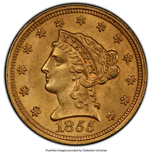 image for: 1855 $2 1/2 MS63 PCGS. PCGS Population: (34/21 and 0/4+). NGC Census: (21/20 and 1/0+). CDN: $1,600 Whsle. Bid for NGC/PCGS...