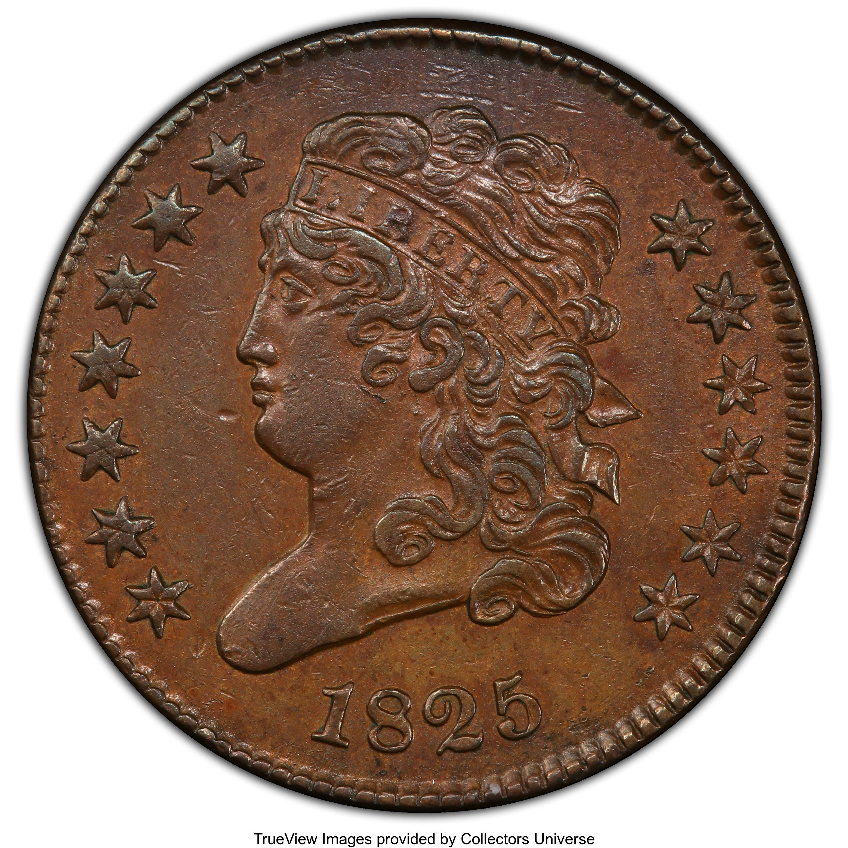 image for: 1825 1/2 C AU55 PCGS. CAC. PCGS Population: (58/126 and 0/1+). NGC Census: (28/98 and 0/0+). CDN: $450 Whsle. Bid for NGC/P...