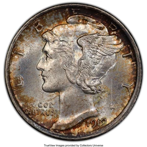 image for: 1919-D 10C MS63 Full Bands PCGS. PCGS Population: (75/134). NGC Census: (31/41). Mintage 9,939,000. ...
