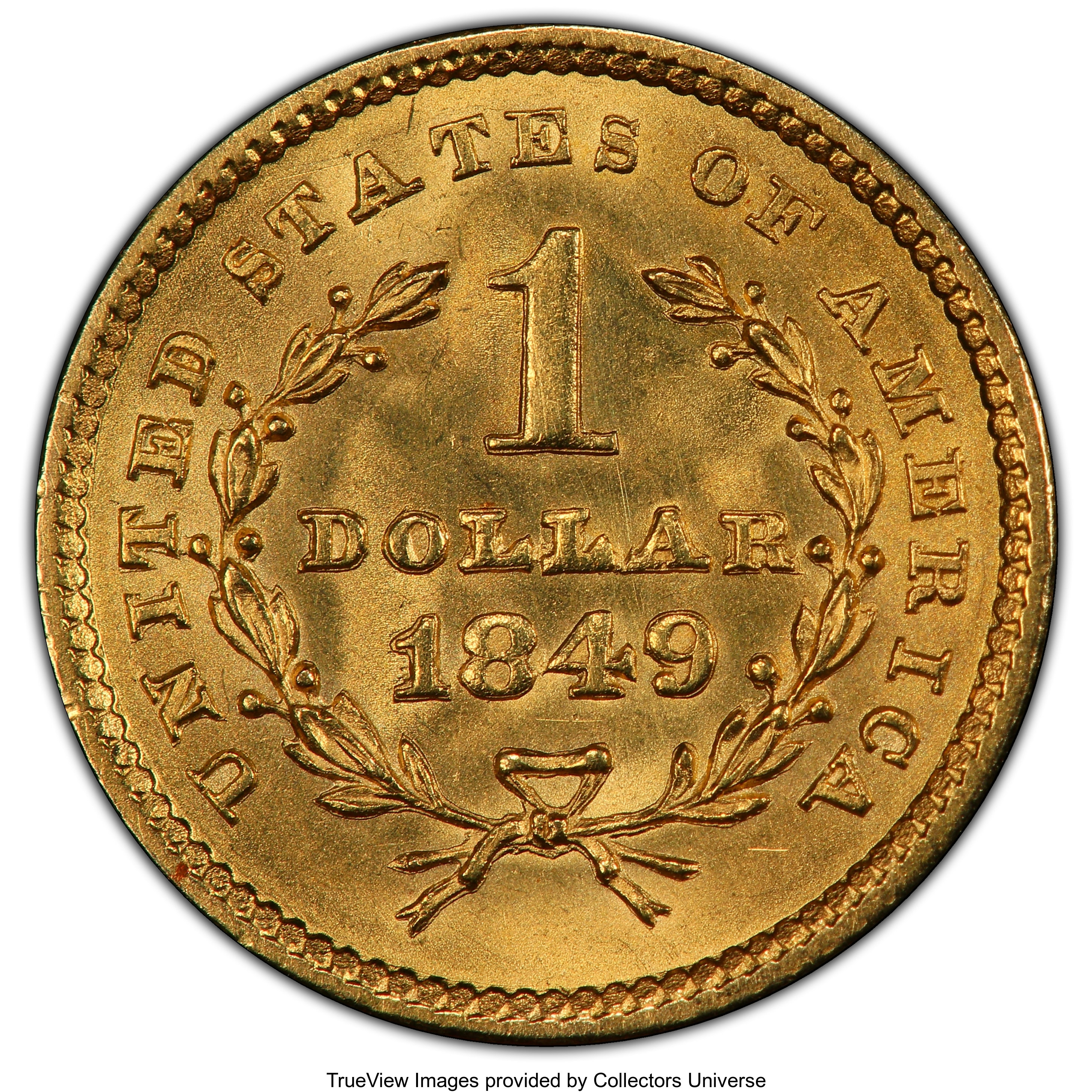 image for: 1849 G$1 Closed Wreath MS65 PCGS. PCGS Population: (26/6). NGC Census: (16/1). CDN: $5,000 Whsle. Bid for NGC/PCGS MS65. ...