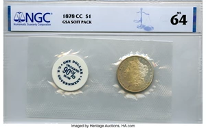 image for: 1878-CC $1 GSA Soft Pack MS64 NGC. NGC Census: (949/134). PCGS Population: (60/12). CDN: $850 Whsle. Bid for NGC/PCGS MS64...