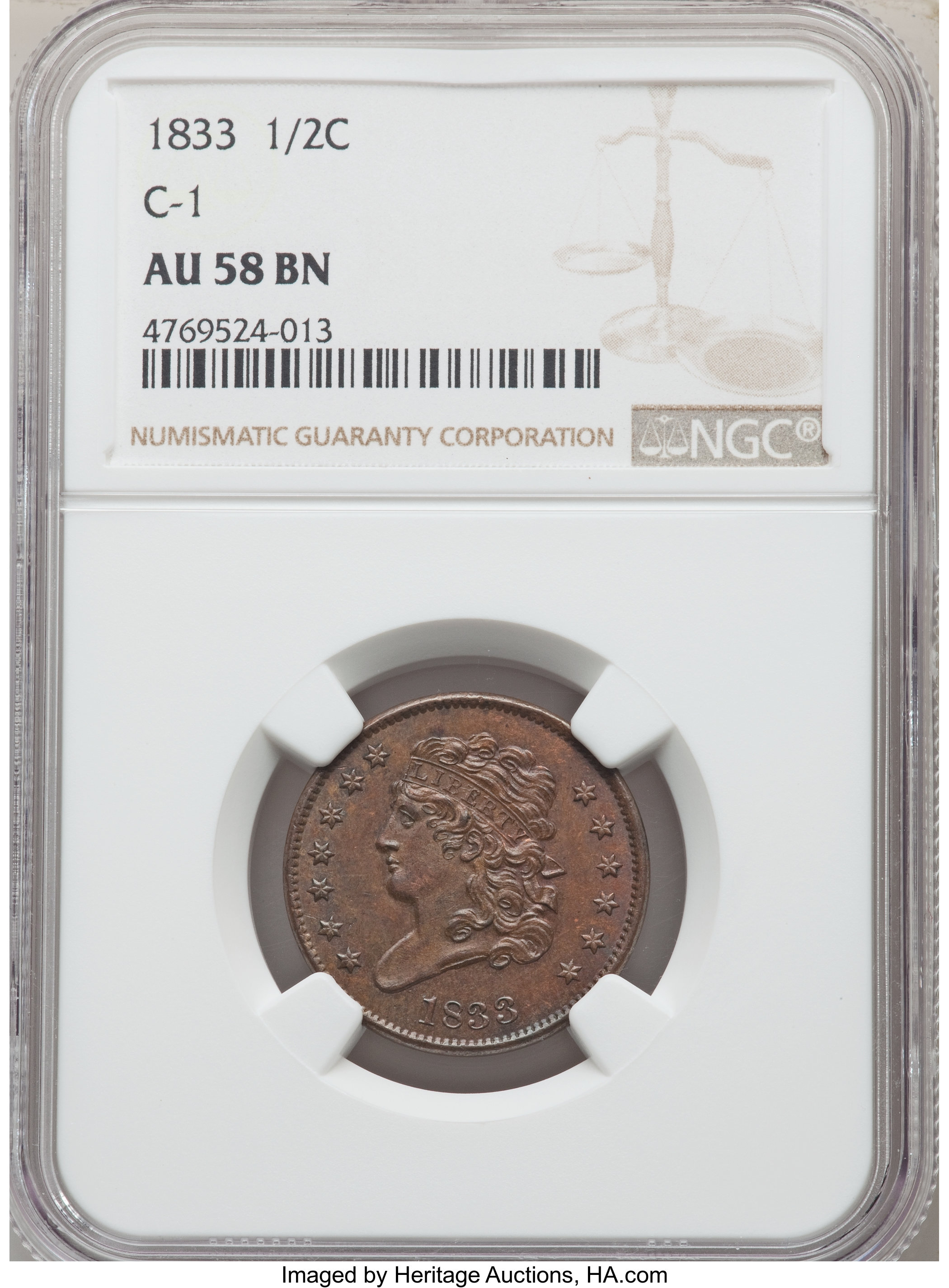 image for: 1833 1/2 C C-1, B-1, R.1, AU58 NGC. NGC Census: (73/320). PCGS Population: (0/13). CDN: $300 Whsle. Bid for NGC/PCGS AU58....
