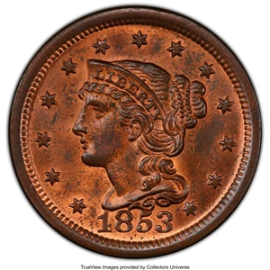image for: 1853 1C MS64 Red and Brown PCGS. CAC. PCGS Population: (239/129 and 3/4+). NGC Census: (146/125 and 1/2+). CDN: $435 Whsle....