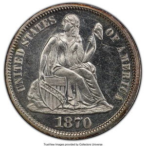 image for: 1870 10C PR62 Cameo PCGS. PCGS Population: (2/32 and 0/2+). NGC Census: (0/23 and 0/1+). PR62. Mintage 1,000. ...