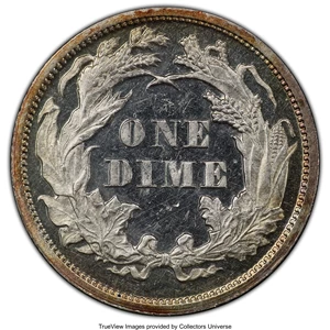 image for: 1870 10C PR62 Cameo PCGS. PCGS Population: (2/32 and 0/2+). NGC Census: (0/23 and 0/1+). PR62. Mintage 1,000. ...