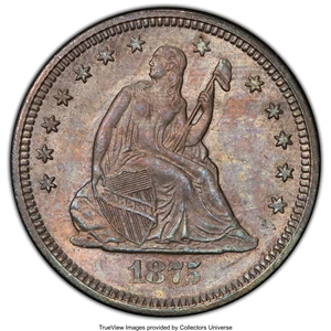 image for: 1875-S 25C MS64 PCGS. PCGS Population: (28/13 and 1/1+). NGC Census: (16/10 and 0/0+). CDN: $1,100 Whsle. Bid for NGC/PCGS ...