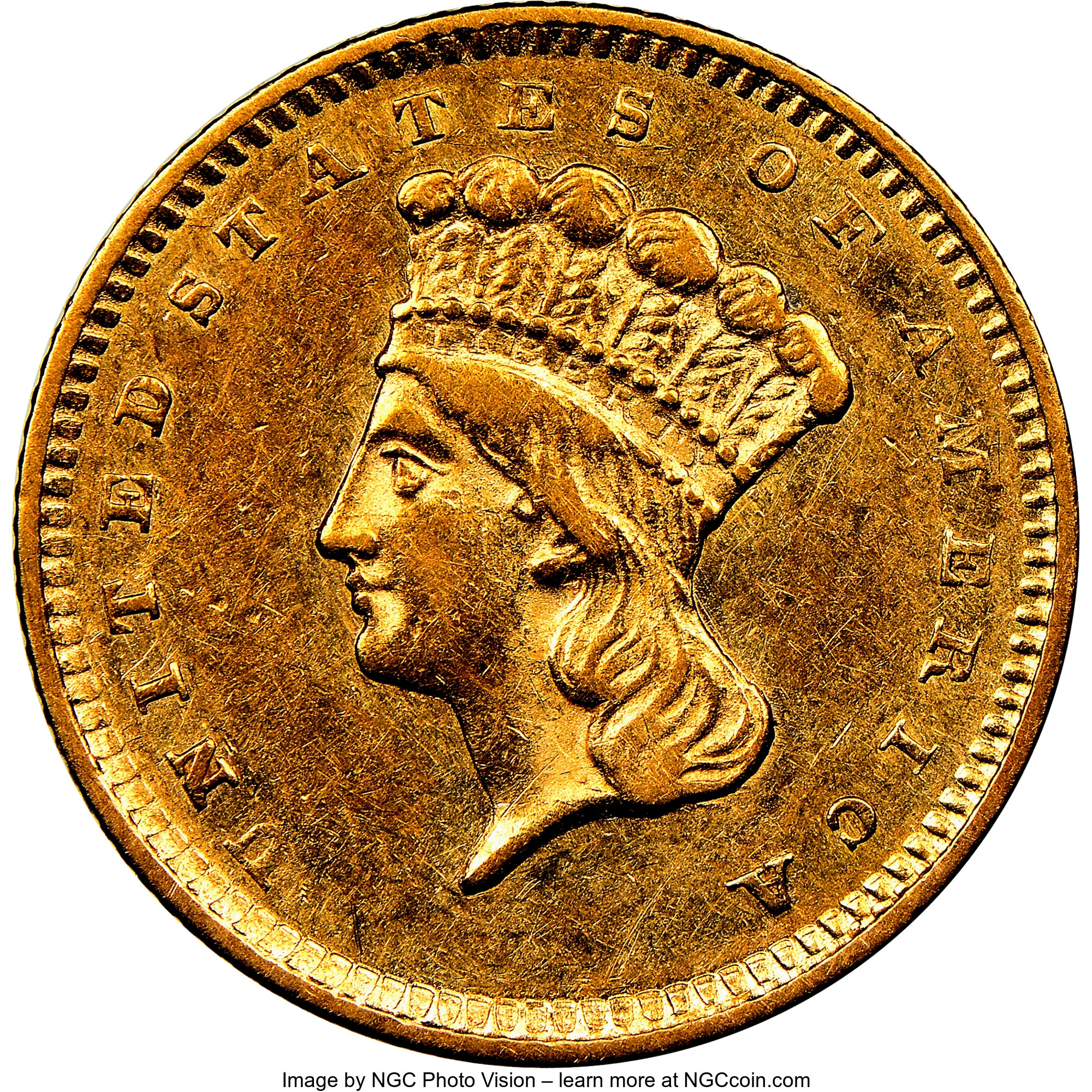 image for: 1857 G$1 AU55 NGC. NGC Census: (128/1240). PCGS Population: (194/717). CDN: $260 Whsle. Bid for NGC/PCGS AU55. Mintage 774,...