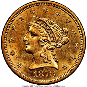 image for: 1878-S $2 1/2 MS61 NGC. NGC Census: (170/185). PCGS Population: (45/166). CDN: $440 Whsle. Bid for NGC/PCGS MS61. Mintage 1...