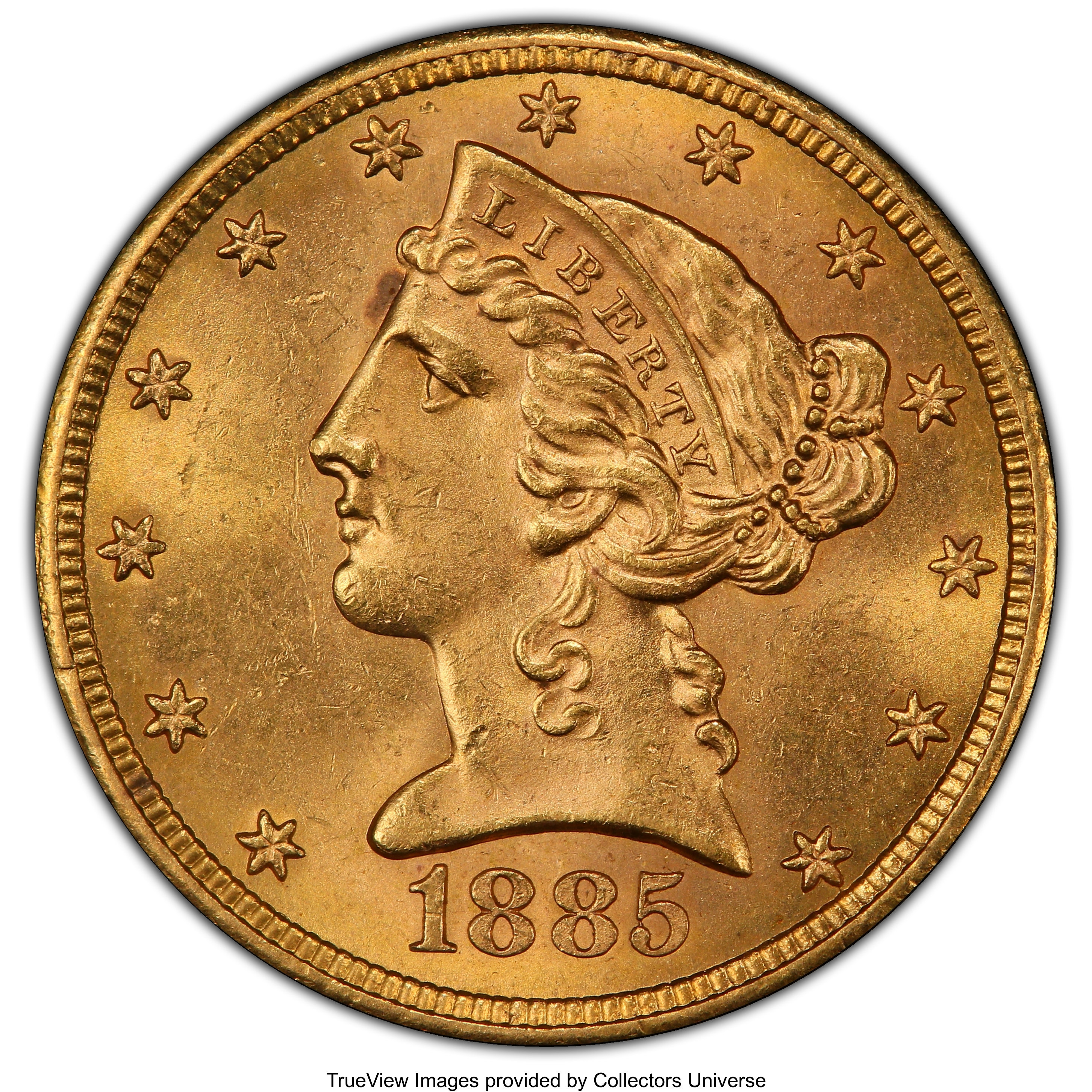 image for: 1885-S $5 MS64+ PCGS. CAC. PCGS Population: (466/88). NGC Census: (472/121). CDN: $575 Whsle. Bid for NGC/PCGS MS64. Mintag...