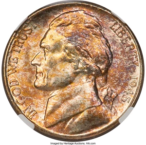 image for: 1945-S 5C MS67 NGC. NGC Census: (1854/2). PCGS Population: (202/3). CDN: $120 Whsle. Bid for NGC/PCGS MS67. Mintage 58,939,...