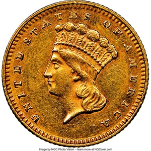 image for: 1877 G$1 MS61 NGC. NGC Census: (25/90). PCGS Population: (15/109). CDN: $780 Whsle. Bid for NGC/PCGS MS61. Mintage 3,920. ...