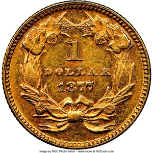 image for: 1877 G$1 MS61 NGC. NGC Census: (25/90). PCGS Population: (15/109). CDN: $780 Whsle. Bid for NGC/PCGS MS61. Mintage 3,920. ...