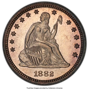 image for: 1882 25C PR64 Cameo PCGS. PCGS Population: (20/35 and 3/8+). NGC Census: (9/34 and 0/0+). PR64....