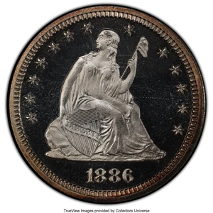 image for: 1886 25C PR64 Cameo PCGS. PCGS Population: (21/25 and 2/5+). NGC Census: (12/41 and 0/4+). PR64. ...