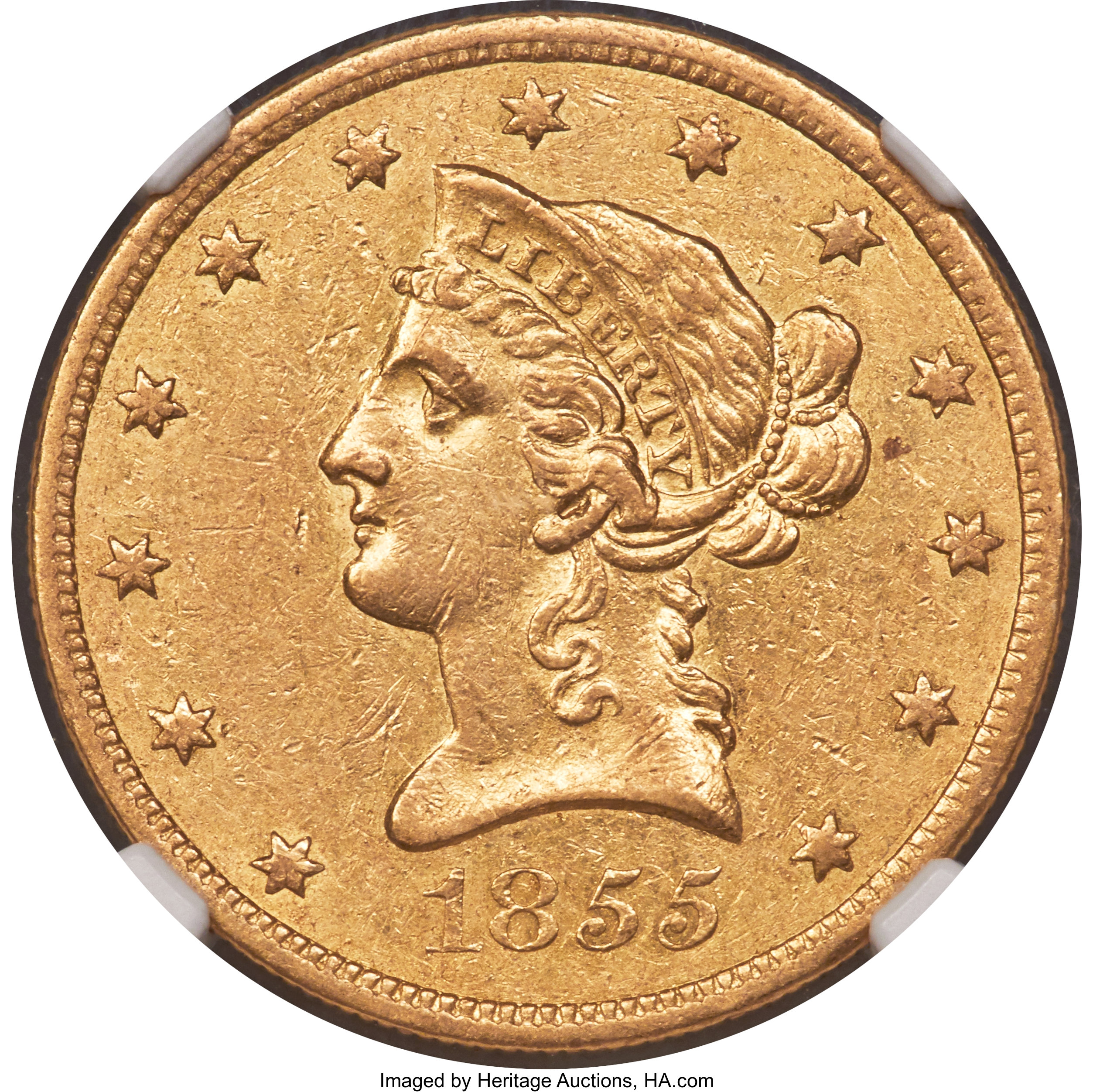 image for: 1855-O $10 AU53 NGC. Variety 2. The New Orleans Mint struck just 18,000 Liberty eagles in 1855, and nearly the entire m...