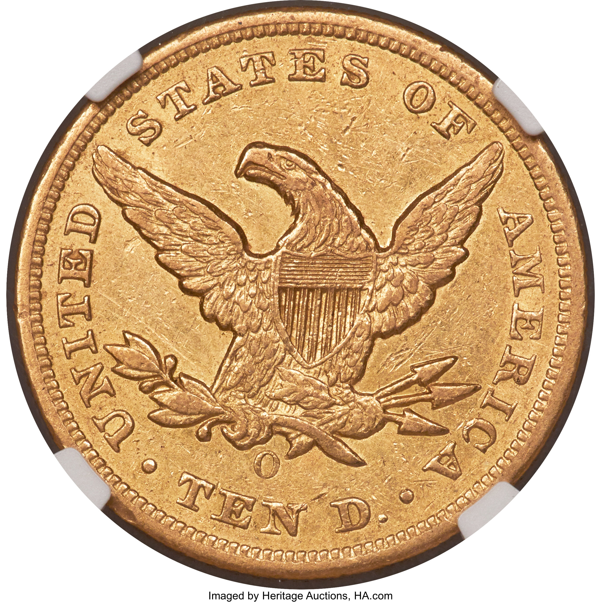 image for: 1855-O $10 AU53 NGC. Variety 2. The New Orleans Mint struck just 18,000 Liberty eagles in 1855, and nearly the entire m...