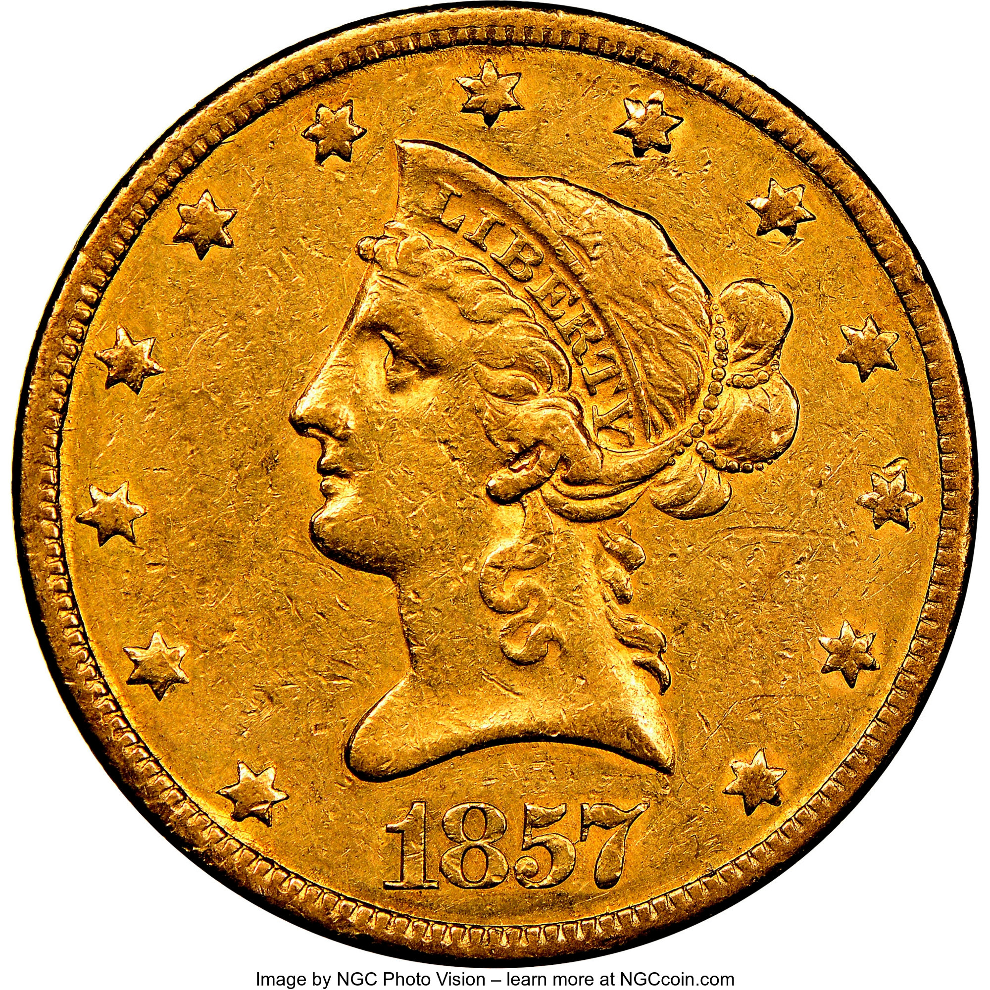 image for: 1857 $10 XF45 NGC. NGC Census: (23/90). PCGS Population: (34/54). CDN: $1,040 Whsle. Bid for NGC/PCGS XF45. Mintage 16,606....