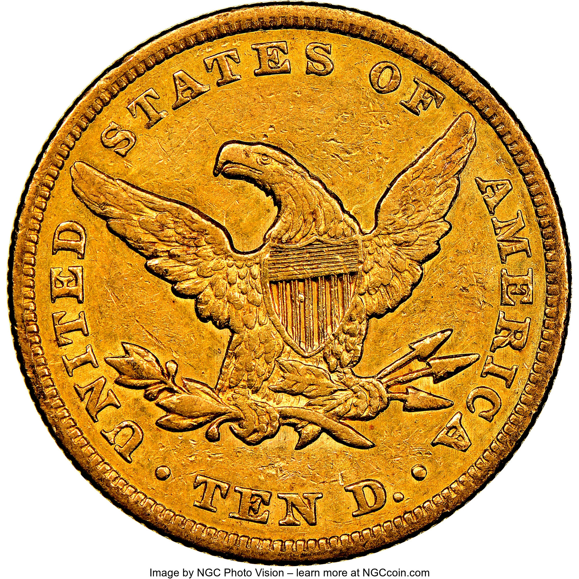 image for: 1857 $10 XF45 NGC. NGC Census: (23/90). PCGS Population: (34/54). CDN: $1,040 Whsle. Bid for NGC/PCGS XF45. Mintage 16,606....