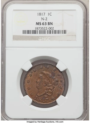 image for: 1817 1C 13 Stars, N-2, R.3, MS63 Brown NGC. NGC Census: (1/0). PCGS Population: (2/5). MS63. ...