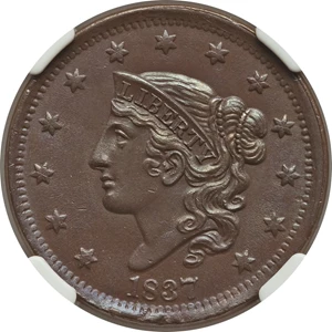 image for: 1837 1C Medium Letters, MS65 Brown NGC. NGC Census: (53/18). PCGS Population: (29/12). CDN: $1,300 Whsle. Bid for NGC/PCGS ...