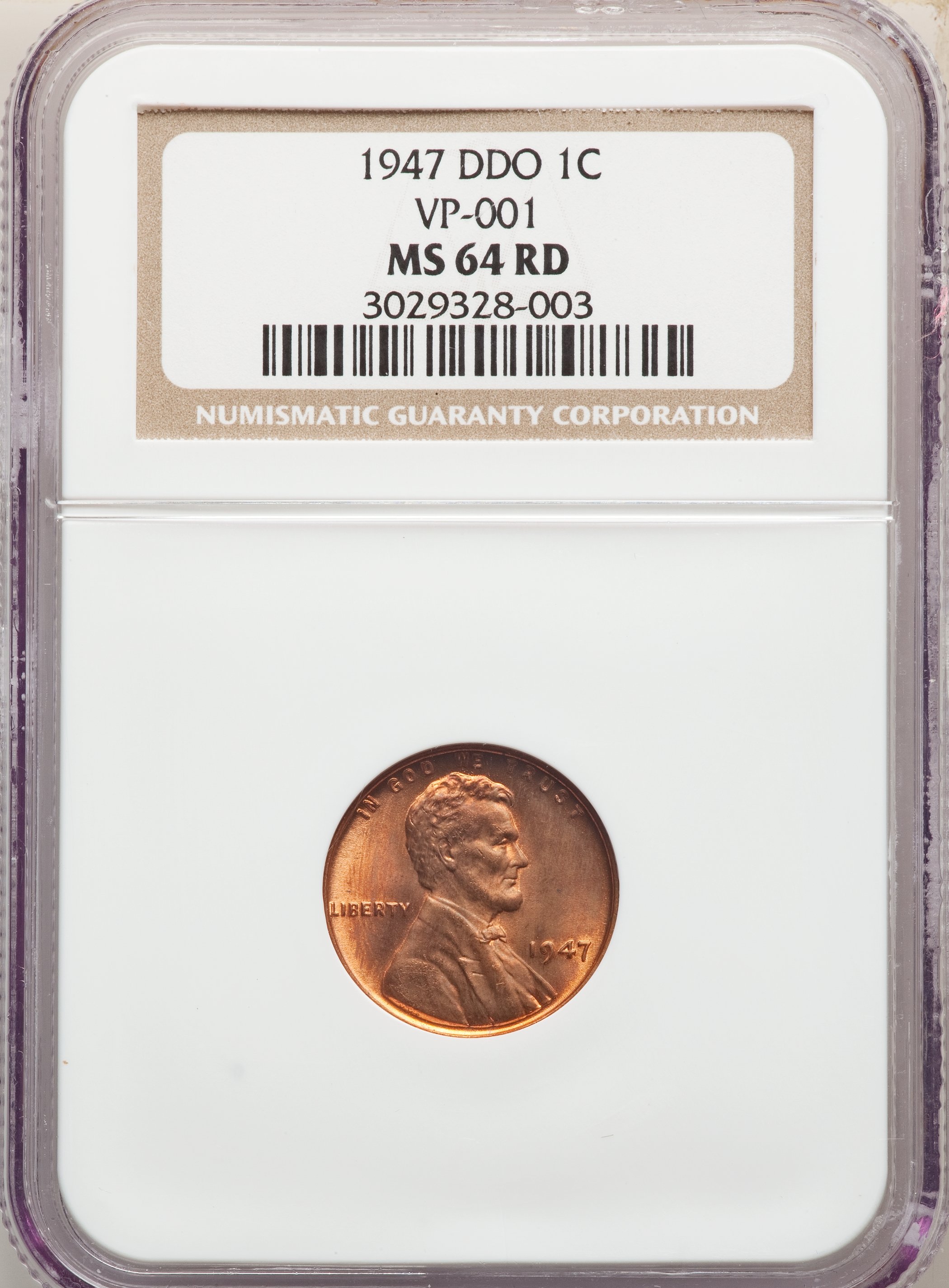1947 1C Doubled Die Obverse, FS-101, MS64 Red NGC. (VP-001). NGC Census: (6/8). PCGS Population: (14/11). Mintage 190,555,...
